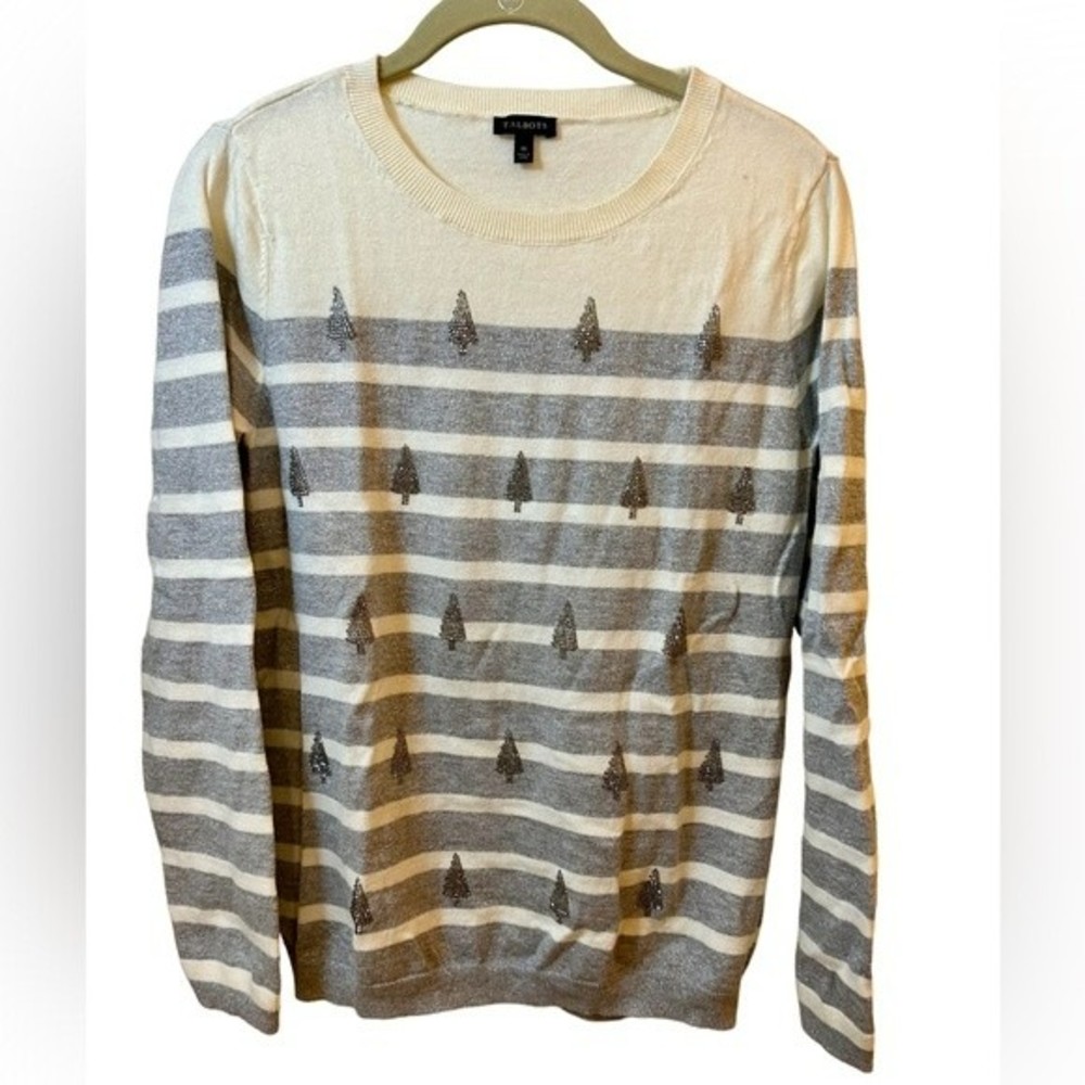 Talbots sweater size Medium winter white and gray with silver trees.